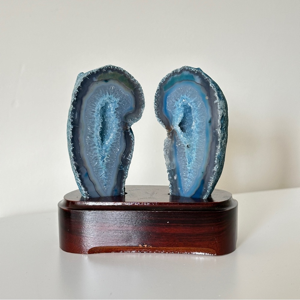 Beautiful Cut Polished Pair Brazilian Natural Agate Geode - Blue